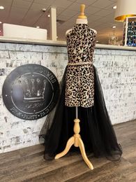 Leopard Print Sequins Girl Pageant Dress Jumpsuit 2022 Short Animal Print Romper High Neck Tulle Skirt Little Kid Birthday Formal Party Gown Toddler Teens Preteen