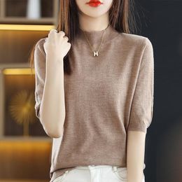 Women's T-Shirt Summer Thin Wool Worsted Woman Top Half Sleeve Small Turtleneck Female Pullover Sweater Women Jumper Tee Loose KnittedWomen'