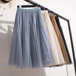 2022 Spring British Bright Silk Yarn Skirt Fluffy Pleated Fairy A Line Skirt Medium Length Elegent Temperament Slim Skirts