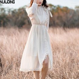 Casual Dresses Tonglord 2022 Women Dress Spring Long Sleeve Polka Dot Vintage Floral Autumn Ruffle Chiffon Midi For Ladies