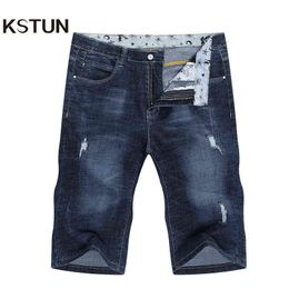 Short Mens Jeans Brand Ripped Biker Jeans Men Shorts Denim Pants Elastic Dark Blue Streewear Frayed Slim Fit Pantalon Homme Jean G0104