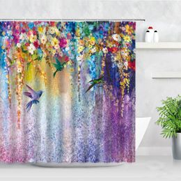 Shower Curtains Purple Water Colour Floral Yellow Flowers Bird Pattern Modern Home Decor Hooks Screen Fabric Bathroom Curtain SetShower