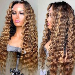 Deep Wave Frontal Wig Highlight Human Hair Lace Closure s Preplucked And Bleached Knots 220608