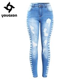 2145 Youaxon New Arrived Plus Size Stretchy Ripped Jeans Woman Side Distressed Denim Skinny Pencil Pants Trousers For Women 201109