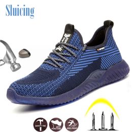 SLUICING Steel Toe Mens Safety Work Shoes Summer Breathable Mesh Sneakers Men AntiSlip AntiSmashing Industrial Shoes 210315