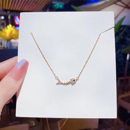 Pendant Necklaces Fishbone Shape Crystal Rhinestones Choker Titanium Metal Chain Necklace For WomenPendant