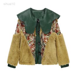 Pop Collar Imitation Fur Retro Jacket Female Winter Floral Stitching Contrast Colour Mink Fur Cotton Jacket Women Warm Fashionable L220725