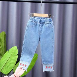 Jeans For Girls Starwberry Kids Girl Jeans Patchwork Children's Jeans Ripped Children's Clothing Casual Style 210412