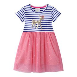 Girl's Dresses Baby Girls Summer Party Pink Cotton 2-7 Years Children's Short Sleeve Cartoon Animal Pattern ClothingGirl's