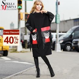 New Woman Winter Unique Style Black Dress Plus Size Midi PU Long Sleeve Cartoon Pocket Fringes Ladies Cute Large Dress Robe 3084 210322