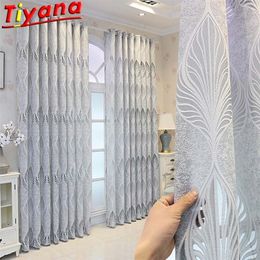 Grey Geometric Jacquard Curtain for Living Room Modern Semi-Blackout 3D Leaves Tulle/Yarn Window Drapes Bedroom 722#VT 220511