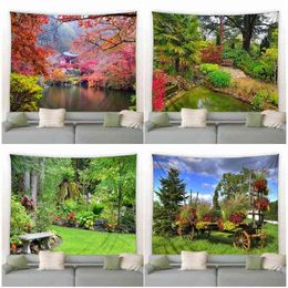 Tapestry Garden Landscape Wall Carpet Palm Trees Shrub Flowers Plants Nature Ha