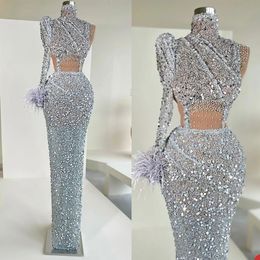 Light Blue Mermaid Prom Dresses Sequined High Neck Sweet 16 Evening Gowns Party Wear Special Occasion Dresses