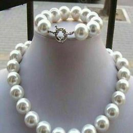 14MM White AAA South Sea Shell Pearl Round Beads Necklace Bracelet Set 18''