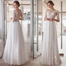 Half Sleeve Floor Length A-Line Wedding Dress 2022 Lace Appliques O-Neck Vintage Civil Bridal Gown