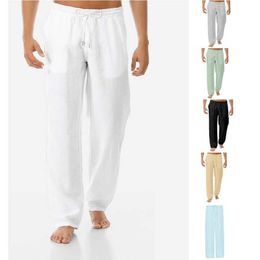 Men Cotton Linen Long Pants Summer Male High Waist Drawstring Wide Leg Trousers Casual Man Beach Wear Pant WDC8314 220719