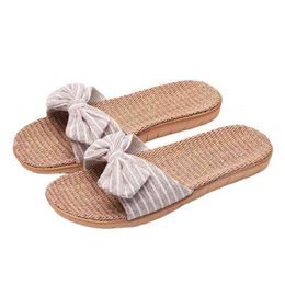 Suihyung Women Flax Slippers 2021 New Summer Indoor Shoes Striped Bow Flip Flops Girls Casual Flat Slides Female Hemp Sandals G220518