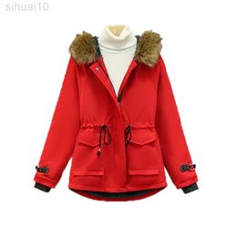 Winter Red Parkas Coat Women New Black Loose Tops Jacket Fashion Fur Collar Hooded Thick Warm Cotton Coat L220730