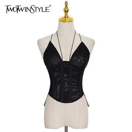 TWOTWINSTYLE Sexy Vest Tops For Women Halter Sleeveless Backless Short Camis Vests Female Summer Fashion Clothing 220325