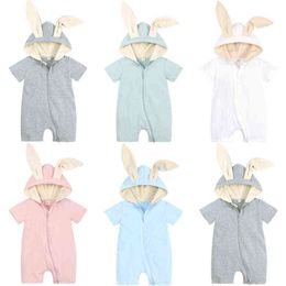 0-18M Newborn Baby Onesie Hoodied Rabbit Ears Baby Rompers Cotton Short-sleeved Jumpsuit Summer Infant Baby Boys Girls Clothes G220510