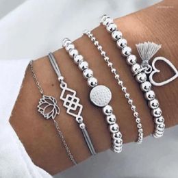 Set Bohemian Silver Colour Tassel Lotus Heart Bracelet For Women Multilayer Pendant 2022 Fashion Jewellery Link Chain