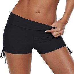 Women Summer Swim Shorts High Waist Sides Drawstring Stretch Sports Boyshorts Bathing Suit Tankini Bottoms 220621