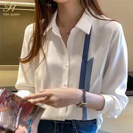 H Han Queen Blouse Women Spring Autumn Single Breasted Turndown Collar Shirts Office Work Blouse Chiffon Vintage Loose Tops 220812