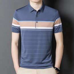 Summer Golf Mens Polo Shirts High Quality Short Sleeve Wide Striped Jacquard Thin Male T-shirts Simple Silky Man Tees 3XL