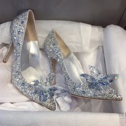 Sparkling crystal high heels women's early spring shallow mouth pointed stiletto bridal high heel wedding shoes 220402