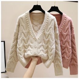 Lucyever Sweet Pearl Knitted Cardigan Sweaters Elegant Thick Women Loose Casual Sweater Coat Cute V Neck Single Breasted Jacket 210204