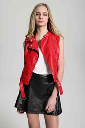 FMFSSOM 2022 Autumn Faux Leather Jacket Casual Red Vest Fashion Sleeveless Women Coat Streetwear Moto Biker Zipper Outwear L220728