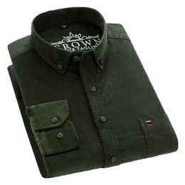 Aoliwen brand Corduroy Casual Shirts For Men Clothing blackish green Clothes Long Sleeve Shirt Retro fashion 220323