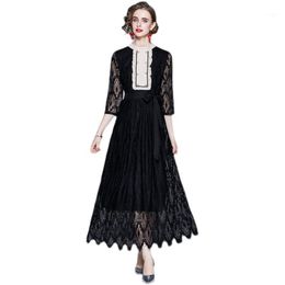 Casual Dresses LUKAXSIKAX 2022 Arrival Women Luxury Party Long Dress High Quality Patchwork Ruffles Vintage Hepburn Black Lace