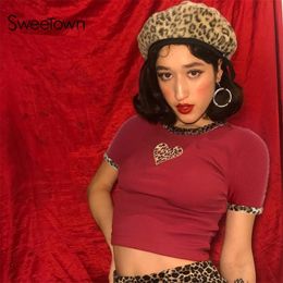 Sweetown New Patchwork Leopard Cute Crop Top Tshirt Red ONeck Short Sleeve Summer Tops Vintage Kawaii Streetwear Clothes T200516