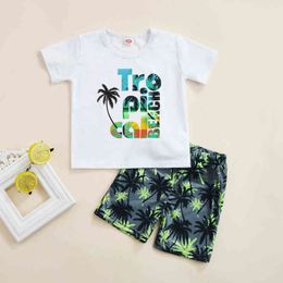 Citgeett Summer Kids Boys Casual Pants Suit White T-shirt And Coconut Palm Print Beach Wear Shorts Clothing Set J220711