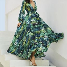 Women Long Sleeve Dress Autumn Holiday Beach Vintage Maxi Dresses Arrival Ladies Loose V Neck Leaves Printed Casual