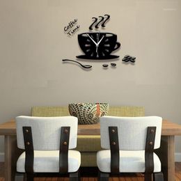 Creative 3D Acrylic Teapot Wall-Clock Coffee Cup Spoon Decorative Kitchen Clocks Dining Room Bedroom Home Decor Self Adhesive