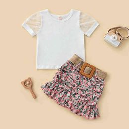 Citgeett Summer Kids Girls Skirt Outfits Short Sleeve O-neck T-shirt Floral Pleated Ruffle Zoom Short Skirt Waist Belt Clothing J220711
