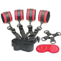 Nxy Sm Bondage Red Leather Handcuffs Bdsm Adult Games under Bed Kit Wrist Ankle Cuffs Restraints Exotic Accessories Sex Toys for Women 220426