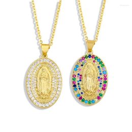 Pendant Necklaces FLOLA Gold Chain Virgin Mary Necklace Oval Multicolor Stone Crystal Short For Women Gift Christian Jewellery Nkew61