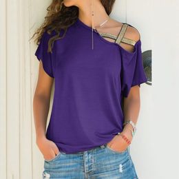 S-5XL Tops Women Skew Neck T-Shirt Summer Irregular Criss Cross Short Sleeves Sexy Off Shoulder Solid Blusa Femme One Shoulder Shirt