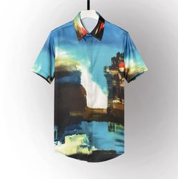 Men's Casual Shirts Summer Mens Fashion Ink Painting Figure Short Sleeve Dress Shirt Blue Grend Slim Fit 4xl