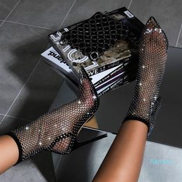 Mesh Net Bling Bling Women Shoes Summer Ankle Boots Thin High Heels Sexy Sandal Boots Female Party Pumps
