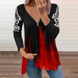 New Fashion Floral Lace Sleeve Blouses Women's Tie Dye Printed Tunic Shirts Casual Long-sleeved Zipper V Neck Tops L220705