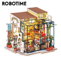 Robotime Rolife DIY Emily s Flower Shop Doll House with Furniture Children Adult Miniature Dollhouse Wooden Kits Toy DG145 220715