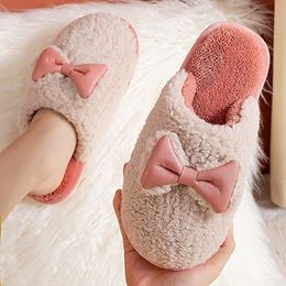 Women Winter Warm Slippers Bowknot Cotton Shoes Cute Lovely Cartoon Indoor Bedroom House Men Ladies Lovers Fur Slides Slippers Y201026