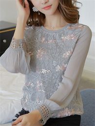 Women's Blouses & Shirts Women Long Sleeve Shirt Floral Embroidery O Neck Lace Chiffon Blusa Ladies Casual Tops DF2289