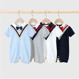 2020 New Fashion Summer Infant Baby Boys Gentleman Knitted Romper Casual Loose Short Sleeve Overall Clothes Set 0-24Monthes G220521