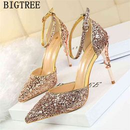 Sexy Sandals Wedding Shoes Bride Glitter Heels Mary Jane High Women Bingtree Sandalias Mujer 2022 Buty220513