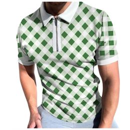 Men's Polos Mens Spring Summer Short Sleeve Zipper Lapel Plaid Print Casual T-Shirt Top Tunic Black CasualMen's